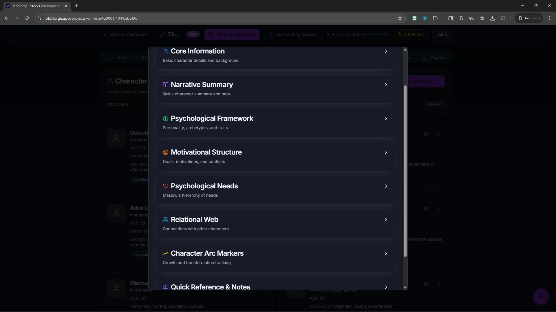 PlotForge Characters tab showing character cards with arcs, relationships, and motivations