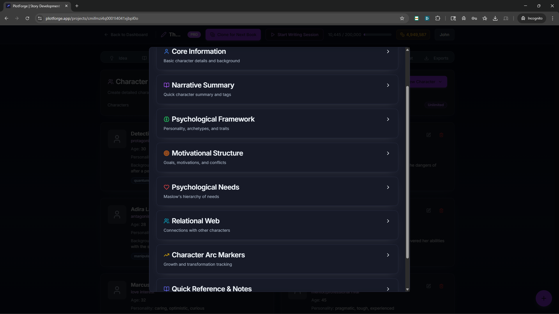 PlotForge Characters tab showing character cards with arcs, relationships, and motivations