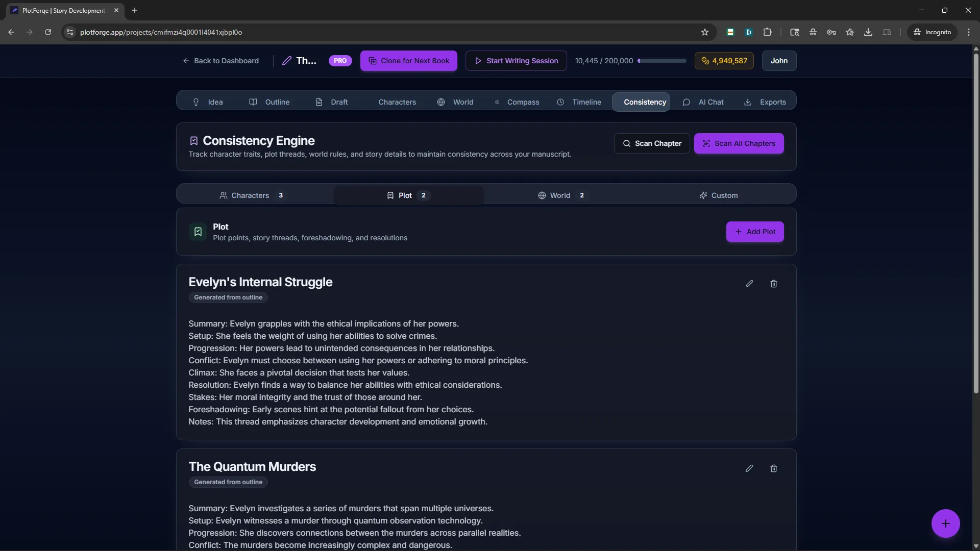 PlotForge Consistency checker flagging contradictions between established facts and new chapters
