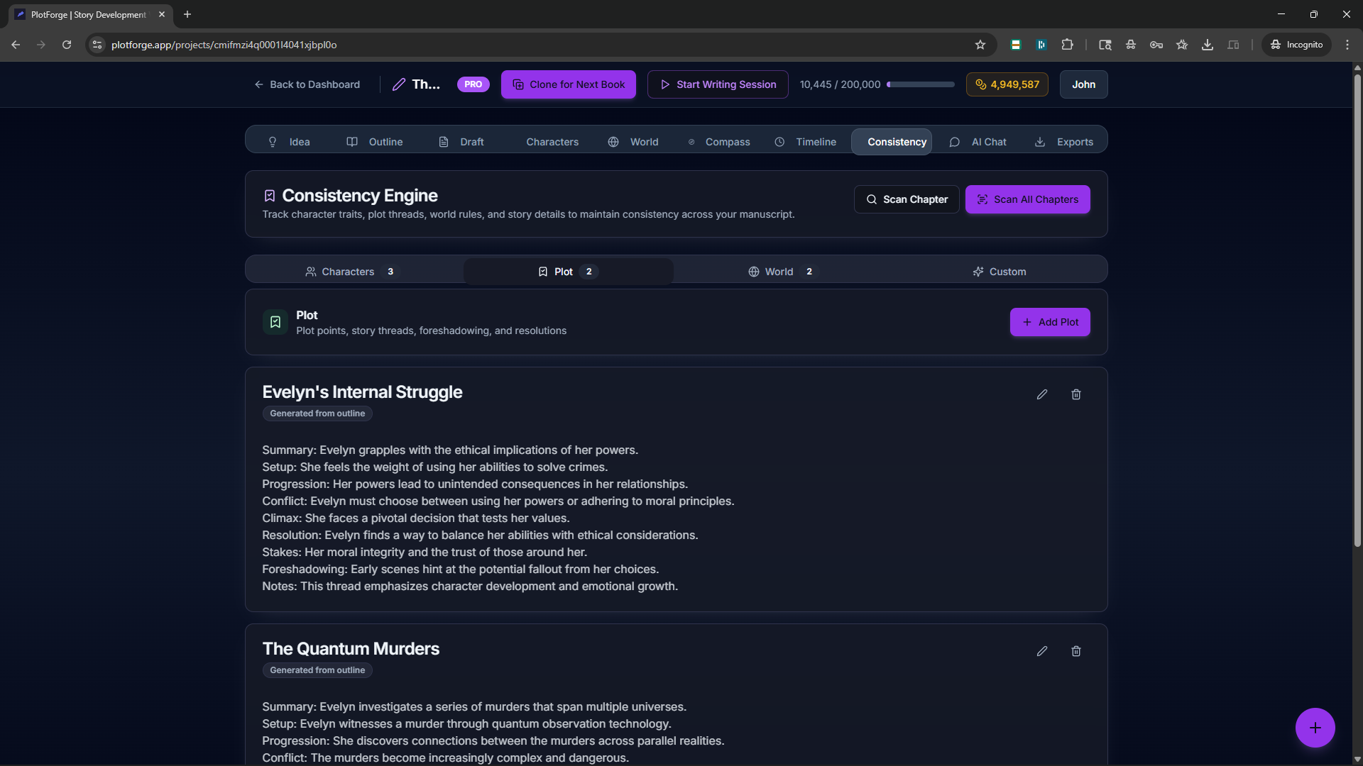 PlotForge Consistency checker flagging contradictions between established facts and new chapters