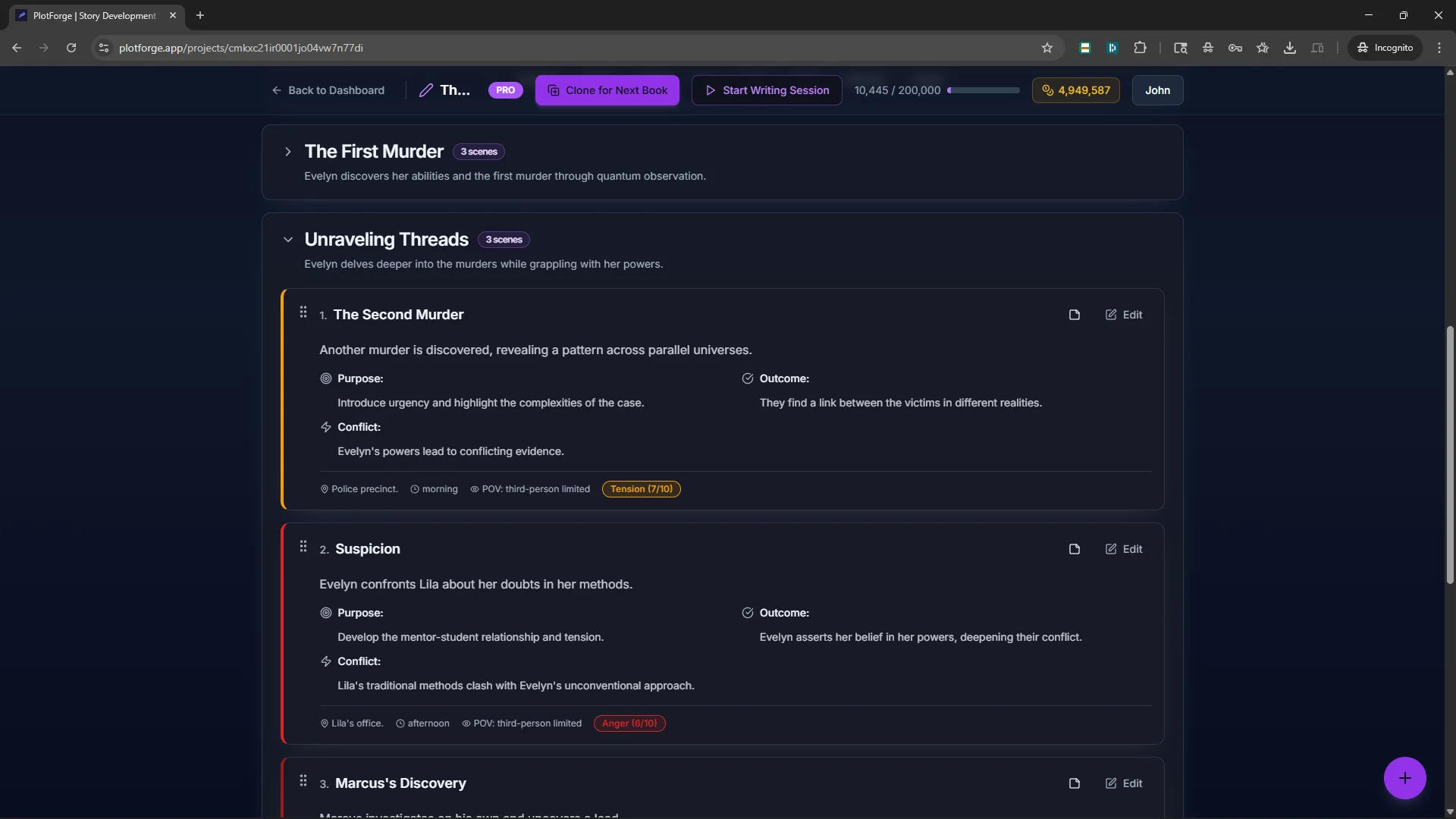 PlotForge Outline tab showing acts, chapters, and drag-and-drop scene cards
