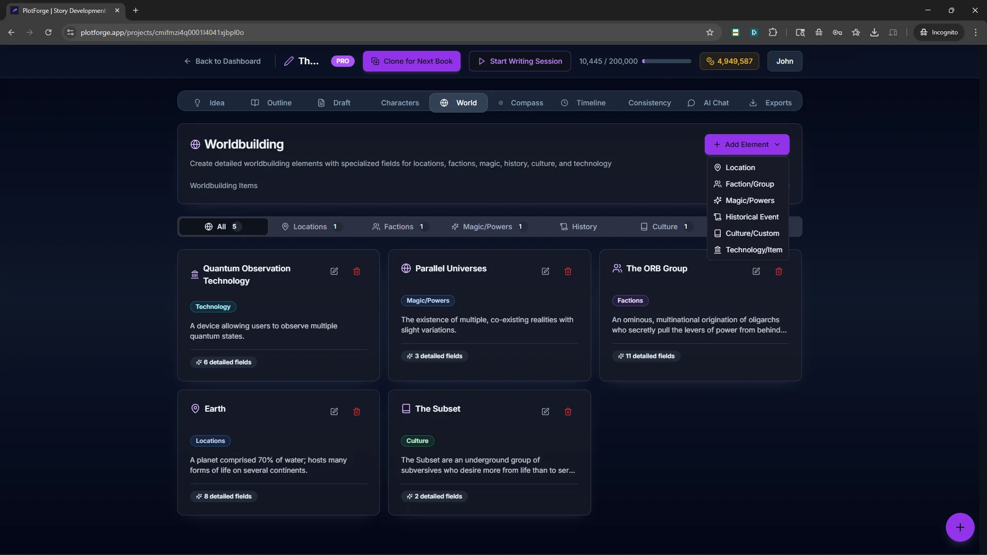 PlotForge worldbuilding workspace: structured fields for locations, factions, magic systems, and lore. The foundation a story bible is built on before any chapter is written.