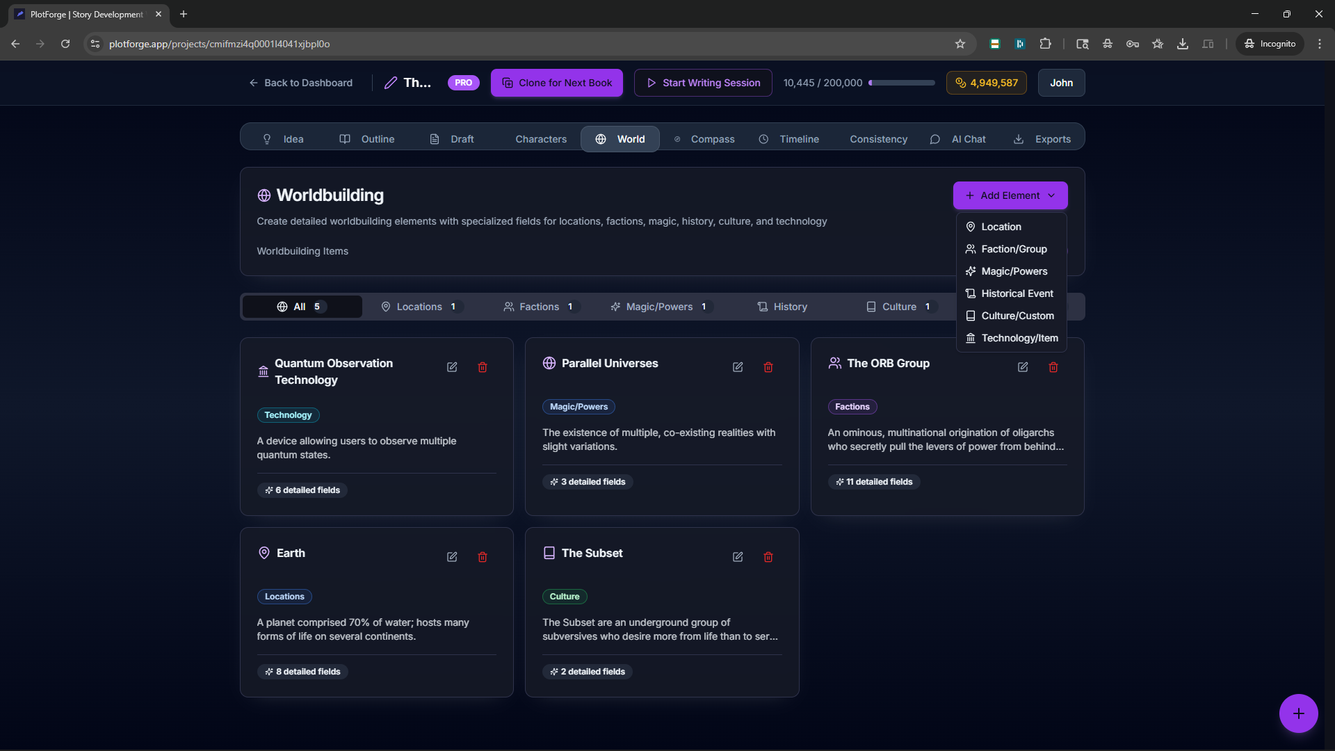 PlotForge worldbuilding workspace: structured fields for locations, factions, magic systems, and lore. The foundation a story bible is built on before any chapter is written.