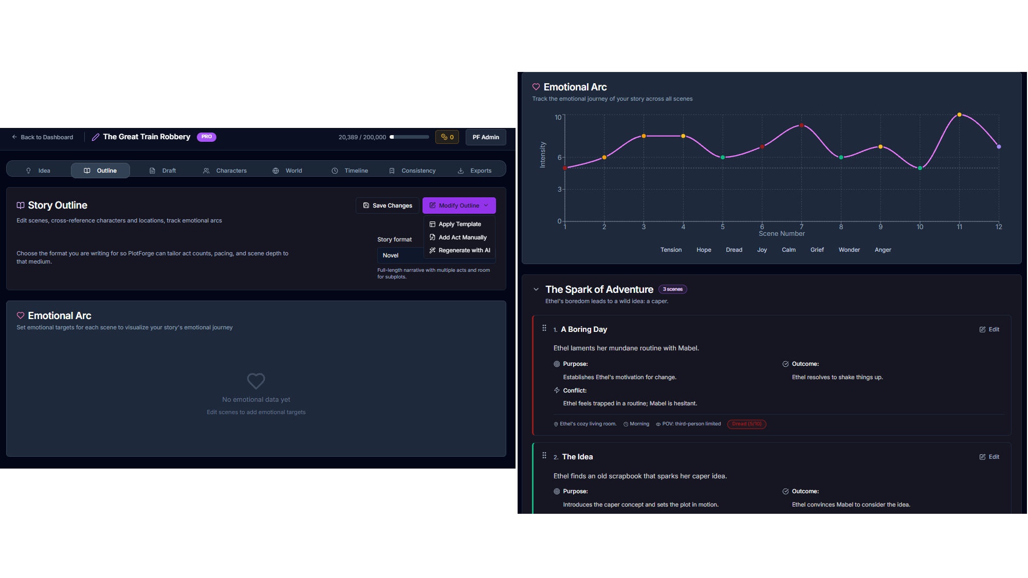 PlotForge dual workflow showing manual story building on the left and AI-assisted generation on the right, demonstrating flexibility for all writing styles